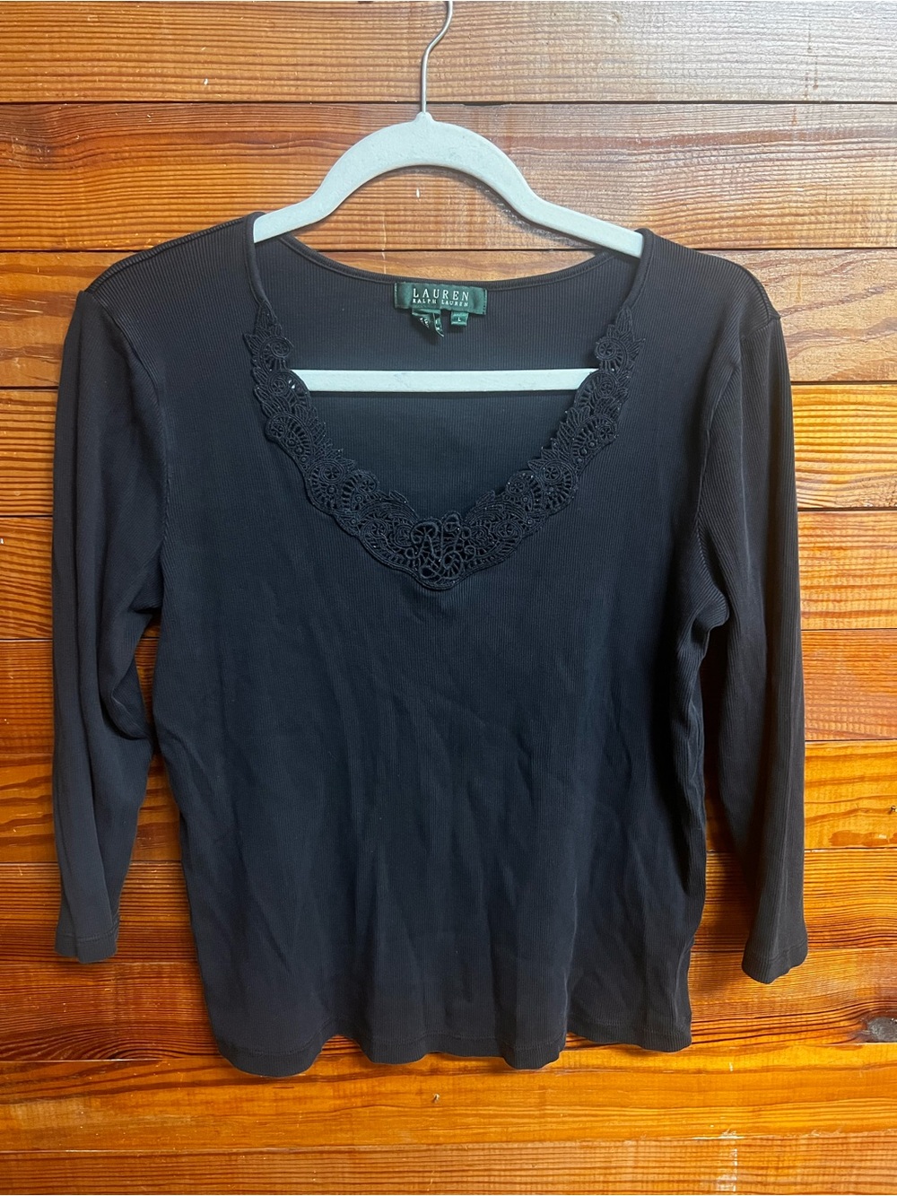 Lauren Ralph Lauren Women’s L Black Ribbed Cotton Lace V Neck Long Sleeve Top
